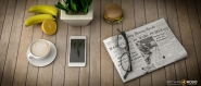 breakfast with a laptop, telephone and coffee 3d illustration